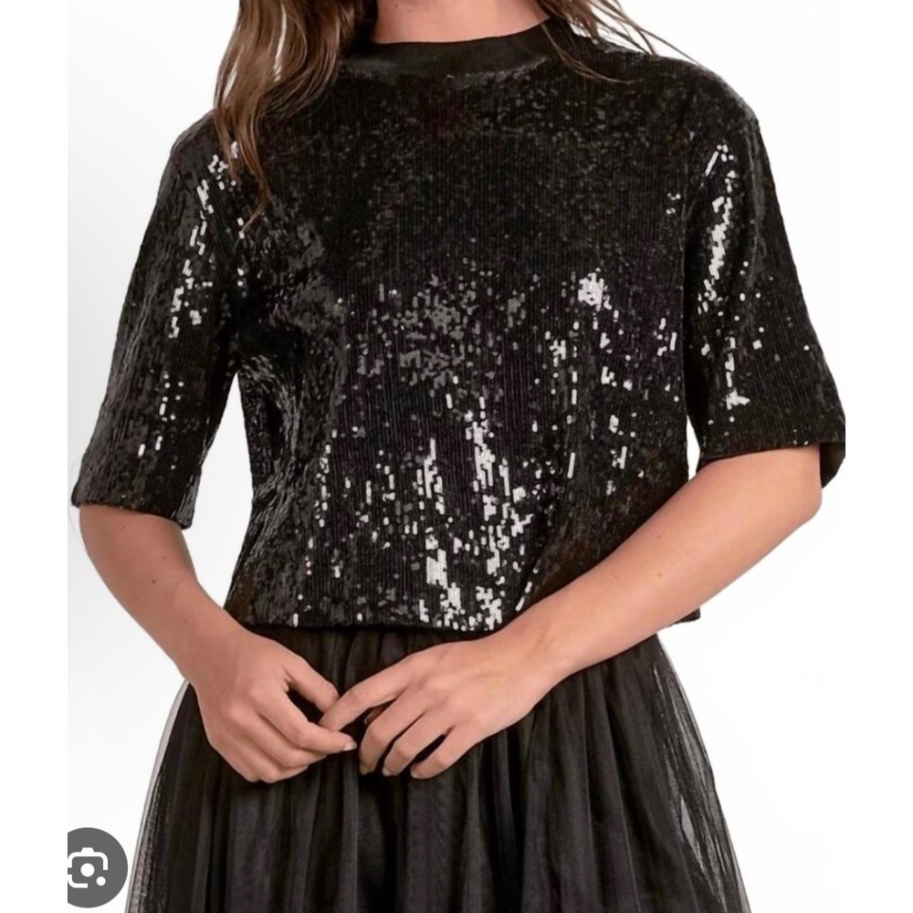 Elan Black Sequin Cropped Top Mock Neck 3/4 Sleeve Size L